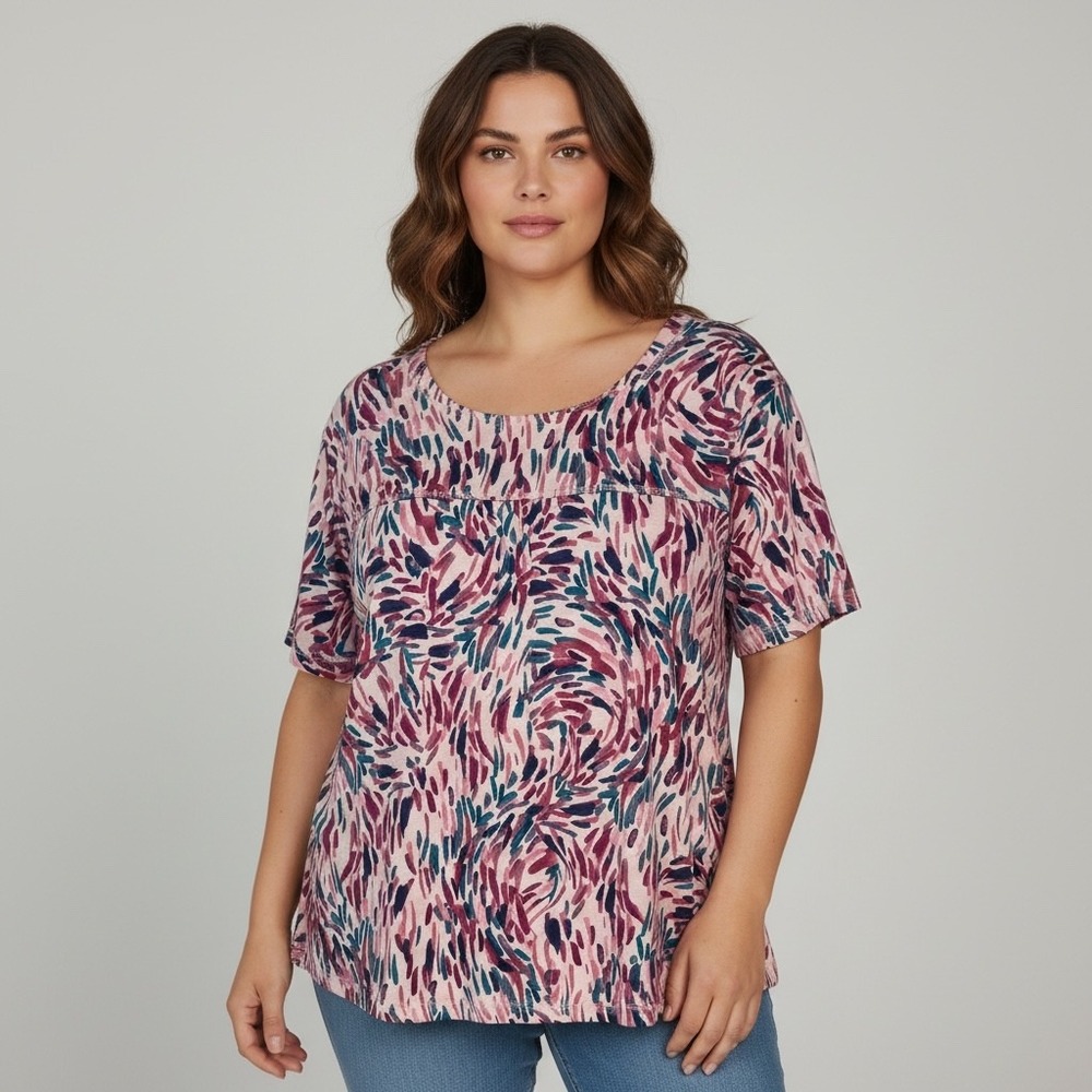 Westbound Woman Pink Abstract Print Cotton Modal V-Neck Short Sleeve Top 3X NWT